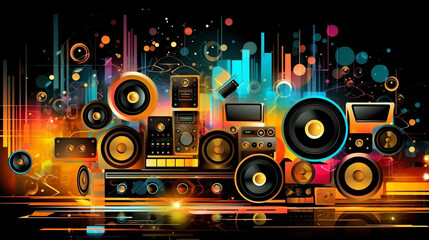 Obraz premium Sound Multimedia Soundsystem HiFi Membran Membrans abstrakt bunt im 16:9 Format. Generative Ai. 
