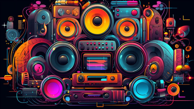 Sound Multimedia Soundsystem HiFi Membran Membrans abstrakt bunt im 16:9 Format. Generative Ai. 