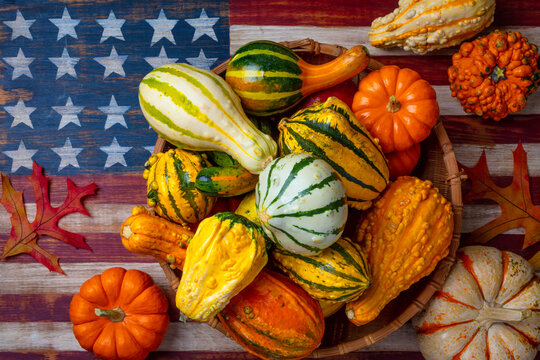 Autumn Basket On American Flag