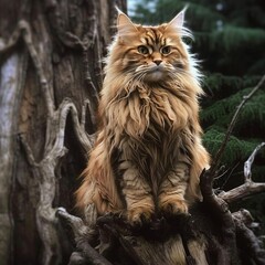 Naklejka na ściany i meble big cat with long fur sits on a tree trunk created with Generative AI technology