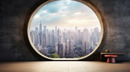 Interior of inventive dark concrete with round window and city view. mockup location with daylight on a wall. Generative AI