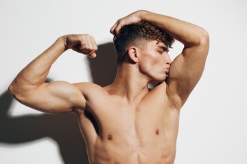 man white background muscle naked fitness muscular bodybuilder guy bicep young attractive