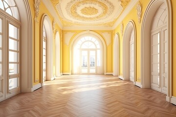 Fototapeta na wymiar Neoclassical architecture concept, empty room interior design in white and yellow pastel tones, parquet wood floor, molded walls, arched doors with curtains, Generative AI