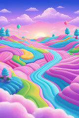 Fototapeta na wymiar Dreamy clouds, pastel colors, and candy-inspired shapes form a candy land landscape. Soft, sugary hues and shapes bring a sense of comfort and joy. Created with generative AI