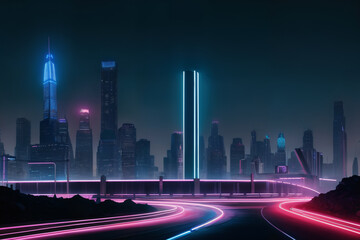 Fototapeta na wymiar Night skyline illuminated with colorful neon lights. Futuristic, cityscape, mood concept created with generative AI.