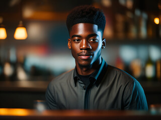 Close-up of a young black male bartender in apron at the bar. Bartender, Professionalism, Glamour concept created with generative AI.