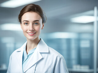 Smiling young Russian doctor in the lab. Medical, technology, woman concept created with generative AI.