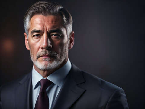 Mature male professional with success in business suit and tie, illuminated in low key lighting. Executive, Confidence, Professionalism concept created with generative AI.