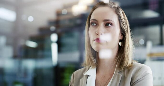 Glass window, office focus or face of woman thinking of city architecture, project or property developer idea. Future vision, business or female architect planning, think or dream of development plan