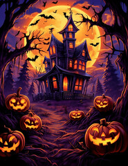 Spooky Gothic Halloween themed art drawing with a haunted house and jack-o-lanterns with a moon and bats.  Generative AI.