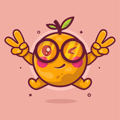 cute orange fruit character mascot with peace sign hand gesture isolated cartoon in flat style design