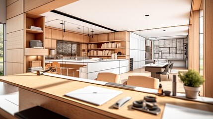 Conceptual drawing for an architect's house, with a modern wooden kitchen interior design in the background and a desktop computer on a white work desk. Generative AI