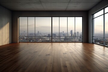 Obraz premium Interior of an empty, open balcony with a view of the entire city, daylight, wooden flooring, and a blank mock-up area on the wall. Generative AI