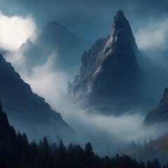 A mysterious mountain range, with fog-shrouded peaks and hidden caves.Generative AI