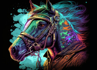 Neon Stallion: Bold Illustrated Horse for Striking T-Shirt Prints, Generative AI