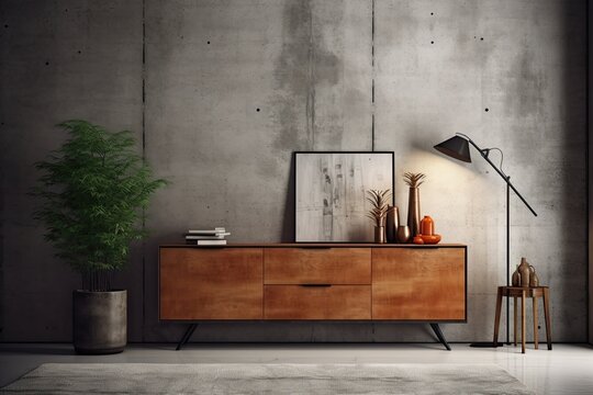 Interior design mockup featuring a dresser, d�cor, and a concrete wall. Generative AI