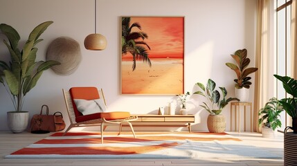 contemporary interior decor. A chic, well-lit living room is furnished with a chair, houseplant, painting, carpet, and white walls. Rent an apartment with minimal decor. Generative AI
