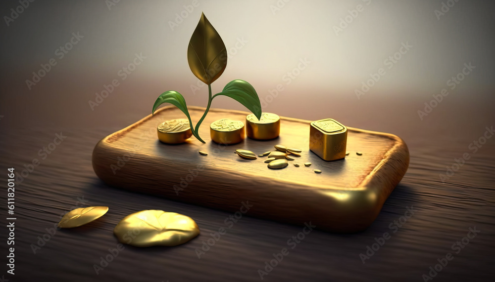 Wall mural green and gold: sprouting plants on a background of wealth and prosperity - ai generated generative 