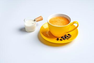 Yellow coffee cup and fresh milk cup on a white background