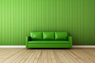 Interior of room with green sofa, white walls with a rectangle design, and light wooden floor. Generative AI