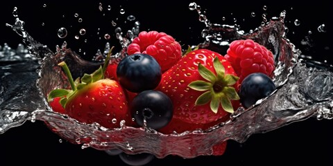 Fototapeta na wymiar Raspberry strawberries and blueberries in a bowl made of water. AI generated 