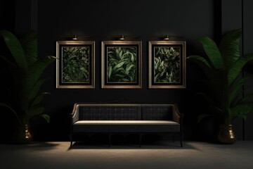 In a dim room with plants on a carpet, there are three poster frames and one park bench. Copy space on a black background. frames for posters. Generative AI