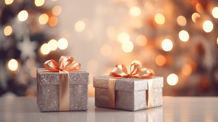 Christmas and new year background - gift boxes and stars near decorated christmas tree 