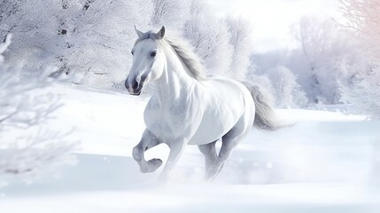 Fototapeta na wymiar photo white horse on winter Generative AI