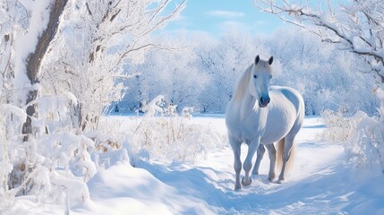 Fototapeta na wymiar photo white horse on winter Generative AI