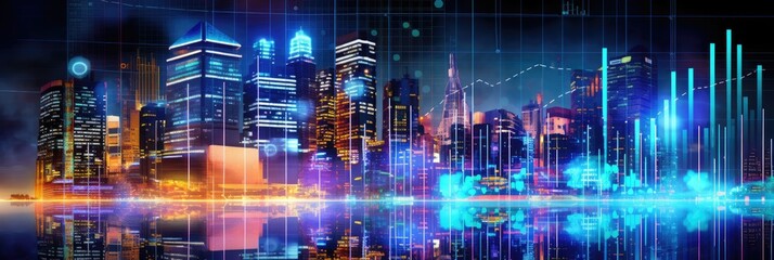 Abstract business buildings background. Neon lights financial charts and data. Cryptocurrency and computers.