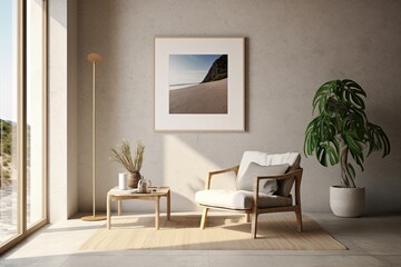 mock poster frame in a room decorated in a Scandinavian manner. Interior decor that is minimal. Generative AI