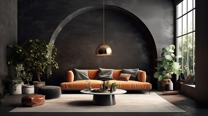 Interior of a contemporary living room with an arch, marble accents, and dark walls. With a coffee table, lamp, chest of drawers, and black sofa with cushions. concrete surface. Generative AI