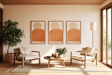 The inside of a villa living room design features two framed mockup posters, beige furniture on a bright wall, wood flooring, and a folding screen. Relaxation idea. Generative AI