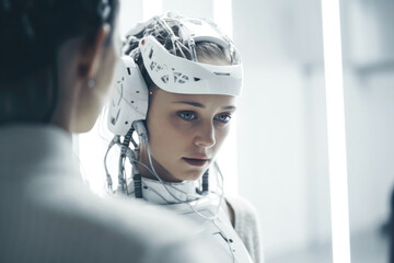 Medical patient receiving futuristic brain treatment from doctor. Generative AI.