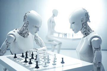 Futuristic AI robots playing a game of chess together.  Generative AI.