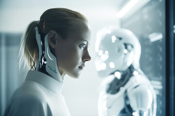 Female futuristic humanoid AI robot in science lab. Generative AI.