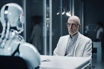 Human scientist looking at AI robot he created in lab.  Generative AI.