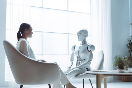 AI robot therapist and client in talk therapy session in office. Generative AI.