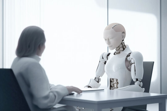 AI robot in a job interview with a human at work. Generative AI.