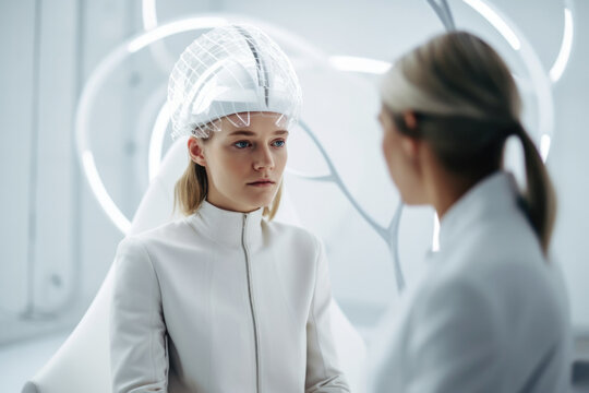Woman receiving futuristic medical treatment for the brain. Generative AI.