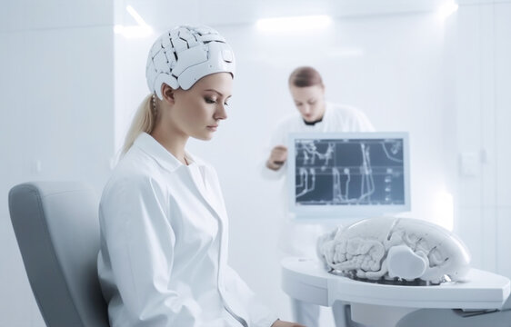 Woman patient receiving futuristic medical brain treatment from doctor. Generative AI.