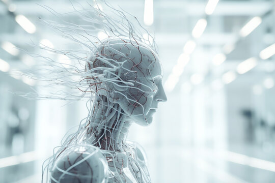 AI robot with exposed nervous system nerves in science lab.  Generative AI.