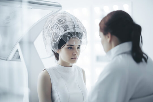Medical patient receiving futuristic brain treatment from doctor. Generative AI.