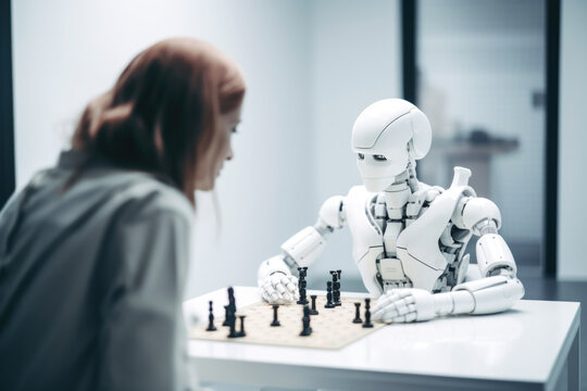 AI robot playing a game of chess with a human.  Generative AI.