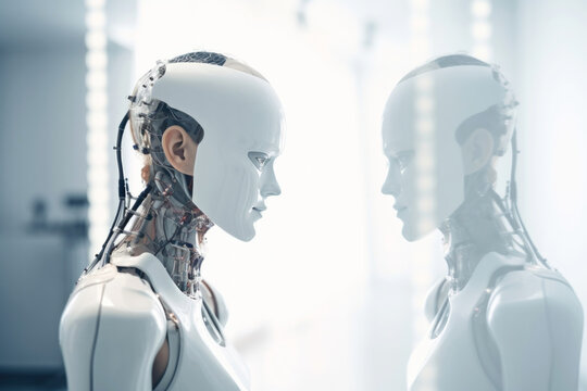 AI robot looking at its reflection in science lab.  
