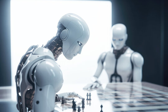 Futuristic AI robots playing a board game together.  Generative AI.