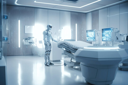 Futuristic hospital room with AI robot doctor. Generative AI.