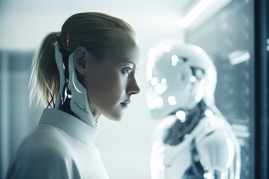 Female futuristic humanoid AI robot in science lab. Generative AI.