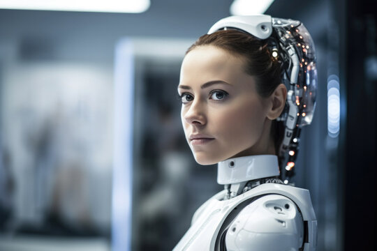 Female futuristic humanoid AI robot in science lab. Generative AI.