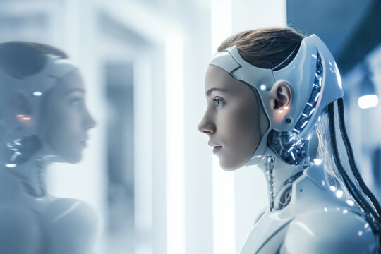 AI robot looking at her reflection in science lab.  Generative AI.